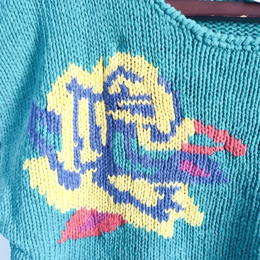 Chaus Sweater Linen Cotton 90s Medium Knit Sleeveless Floral Womens Green Vtg